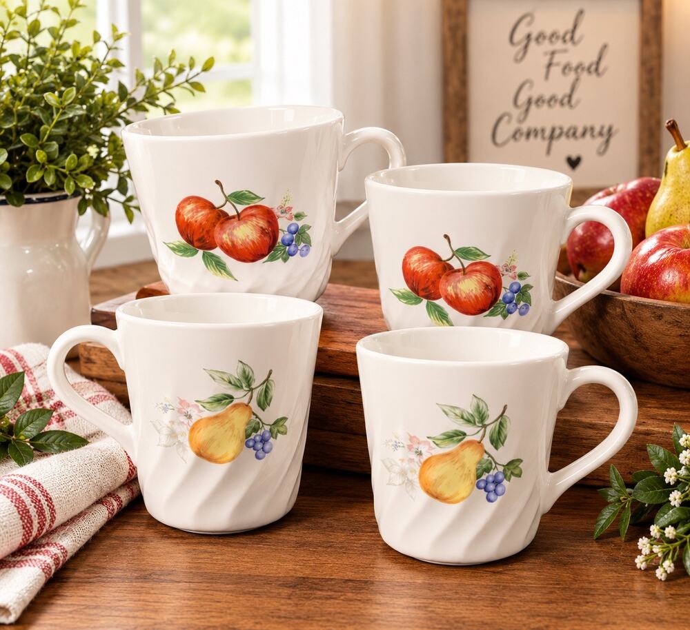 Vintage Corelle Coordinates Chutney Swirl Mugs Set of 4 Fruit Apple Pear Pattern